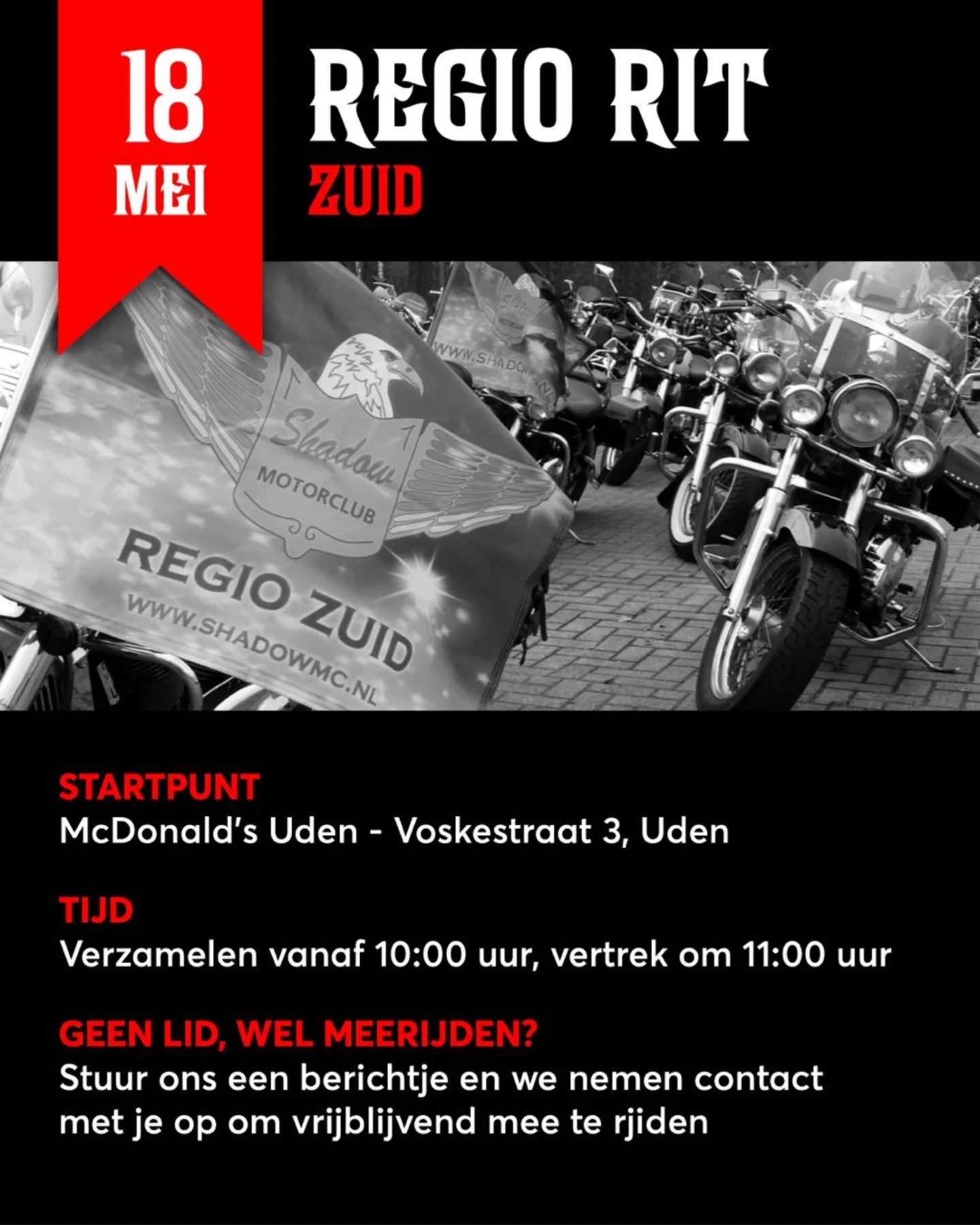 Op 18 Mei organiseert regio zuid een regio rit. De rit start is in het Brabantse Uden en hoe de rit zelf er verder uitziet… Dat zul je toch echt zelf moeten gaan meemaken, dus zorg dat je er bij bent op 18 mei!
Heb je een Honda VT of VTX en wil je ook een keer meerijden? Stuur ons gerust een berichtje!
#ShadowMotorclub #Motorrijden #Honda #HondaShadow #HondaVT #HondaVTX #HondaVT600 #HondaVT750 #HondaVT1100 #Chopper #Bobber #Cruiser #Toertocht #BikerLife #RideToLive #LiveToRide #MotorCycleLife #ShadowMC #VTwin