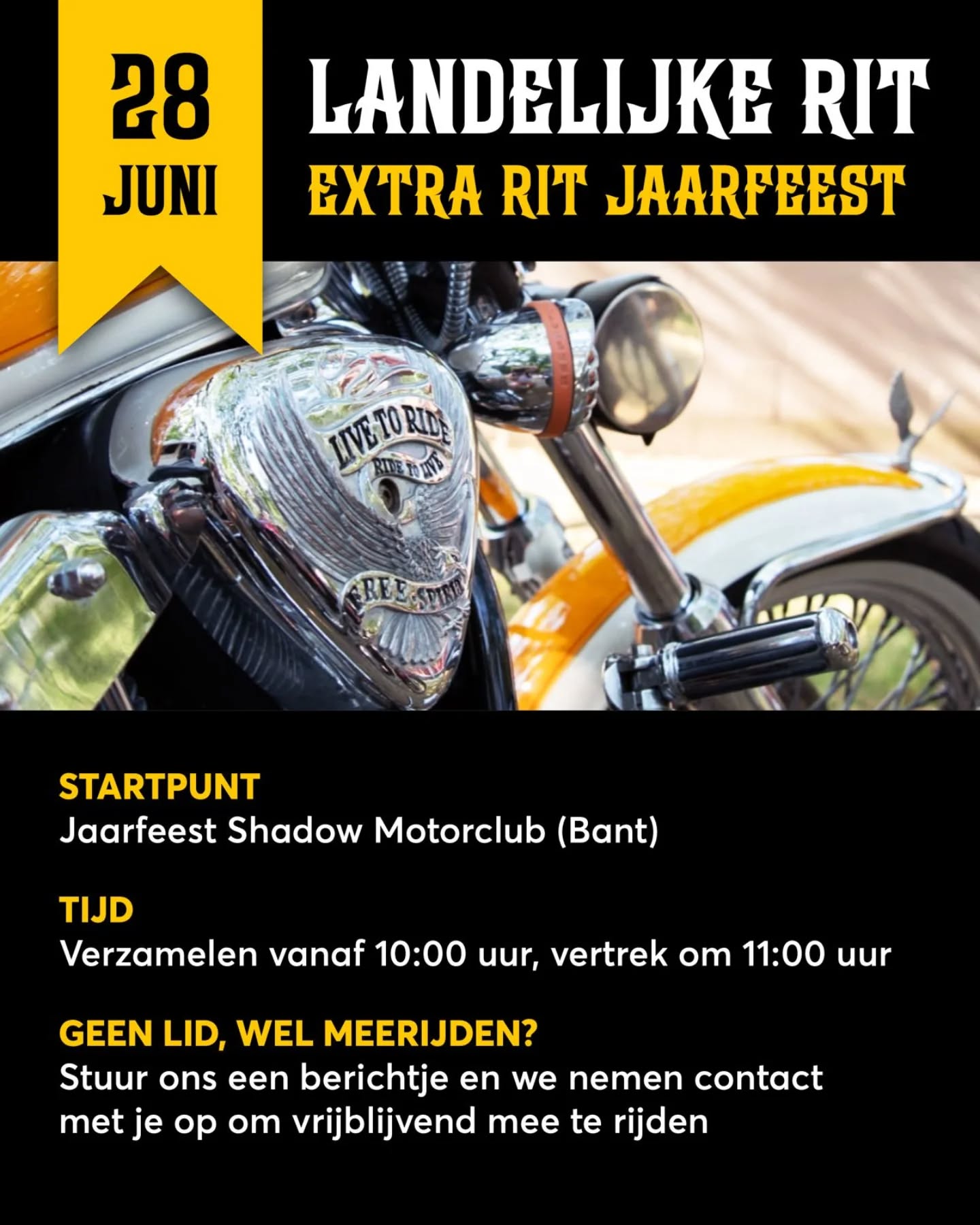 Kom naar de EXTRA LANDELIJKE RIT op zaterdag 28 juni (tijdens het Jaarfeest) en geniet na de rit gezellig mee van de live-optredens, lunch en markt! Een mooie gelegenheid om een fantastische rit te rijden met nóg meer gezelligheid!
Voor de rit en ‘blijven plakken’ is vooraf opgeven niet nodig en zijn geen kosten aan verbonden (behalve eigen consumpties). Deelname aan de BBQ kost €21,50 (incl. ambachtelijk schepijs) en kan je tot maximaal 18 juni opgeven (stuur een mail naar: shadowmcjaarfeest@gmail.com)
Heb je een Honda VT of VTX en wil je ook een keer meerijden? Stuur ons gerust een berichtje!
#ShadowMotorclub #Motorrijden #SamenRijden #HondaShadow #HondaVT #HondaVTX #HondaVT600 #HondaVT750 #HondaVT1100 #BikerEventNL #RideToParty #BikerFeest #Motorrit #ShadowJaarfeest #RideToLive #LiveToRide #Jaarfeest #ShadowMC #VTwin