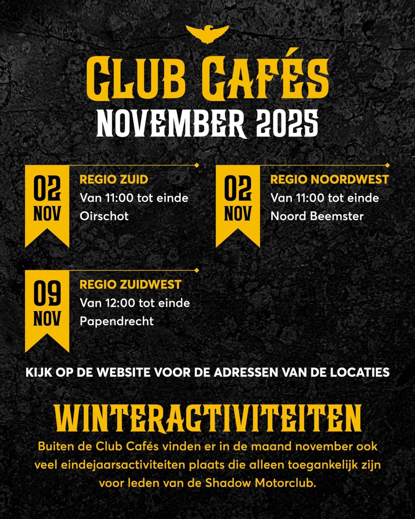 In november zijn er wat minder "reguliere" Club Cafés georganiseerd dan normaal. De reden? Omdat we veeeeeel te druk zijn met leuke winteractiviteiten organiseren met elkaar. Etentjes, escape rooms en andere leuke activiteiten om samen te ondernemen. Deze winteractiviteiten zijn alleen toegankelijk voor mensen die lid zijn van de Shadow Motorclub. 

De reguliere Club Cafés zijn overigens wel een goede mogelijkheid om alvast wat sfeer te proeven binnen de club en alvast wat mensen te leren kennen als je nieuw bent. Dus lijkt het je leuk om een keer langs te komen? Dan ben je natuurlijk van harte welkom! 

Wil je ook graag mee op een activiteit voor leden? Dan race je natuurlijk direct naar de site om je in te schrijven als lid... zo simpel kan het zijn! 😎 (link in bio!)

Kijk voor de exacte locaties van het Club Café op de Shadow Kalender (link in bio + even het Club Café zelf aanklikken).

#ShadowMotorclub #Motorrijden #Honda #HondaShadow #HondaVT #HondaVTX #HondaVT600 #HondaVT750 #HondaVT1100 #Chopper #Bobber #Cruiser #ClubCafe #BikerLife #RideToLive #LiveToRide #BikerCafe #NoordOostNederland #ZuidNederland #ZuidWestNederland #NoordWestNederland #StamCafe #ShadowMC #VTwin