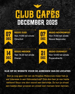 Hierbij de Club Café agenda voor de maand december! Ondanks dat de meeste motoren op stal staan blijven we elkaar natuurlijk gewoon zien! Gezellig een beetje bijkletsen, wat drinken en/of eten. Misschien heb je een technische vraag, vind je het leuk om een spelletje mee te nemen of wil je alvast wat tripjes of ritten organiseren voor volgende seizoen? Kom dan vooral langs bij het Club Café!
Ben je nog geen lid van de Shadow Motorclub maar heb je wel interesse in een lidmaatschap? Ook dan ben je van harte welkom! Stuur ons dan vooral een berichtje. Zo kun je alvast een beetje sfeer proeven en alvast wat mensen leren kennen.
Kijk voor de exacte locaties van het Club Café op de Shadow Kalender (link in bio + even het Club Café zelf aanklikken).
#ShadowMotorclub #Motorrijden #Honda #HondaShadow #HondaVT #HondaVTX #HondaVT600 #HondaVT750 #HondaVT1100 #Chopper #Bobber #Cruiser #ClubCafe #BikerLife #RideToLive #LiveToRide #BikerCafe #NoordOostNederland #ZuidNederland #ZuidWestNederland #NoordWestNederland #StamCafe #ShadowMC #VTwin
