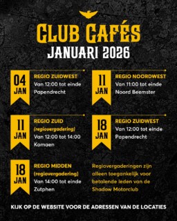 In januari vinden er weer een aantal Club Café's plaats. Daarvan zijn ook een paar regiovergaderingen die alleen toegankelijk zijn voor betalende leden. 

Ben je nog geen lid van de Shadow Motorclub maar heb je wel interesse in een lidmaatschap? Dan ben je van harte welkom in de reguliere Club Café's (zonder regiovergadering) Stuur ons dan vooral een berichtje. Zo kun je alvast een beetje sfeer proeven en alvast wat mensen leren kennen.

Kijk voor de exacte locaties van het Club Café op de Shadow Kalender (link in bio + even het Club Café zelf aanklikken).
#ShadowMotorclub #Motorrijden #Honda #HondaShadow #HondaVT #HondaVTX #HondaVT600 #HondaVT750 #HondaVT1100 #Chopper #Bobber #Cruiser #ClubCafe #BikerLife #RideToLive #LiveToRide #BikerCafe #NoordOostNederland #ZuidNederland #ZuidWestNederland #NoordWestNederland #StamCafe #ShadowMC #VTwin