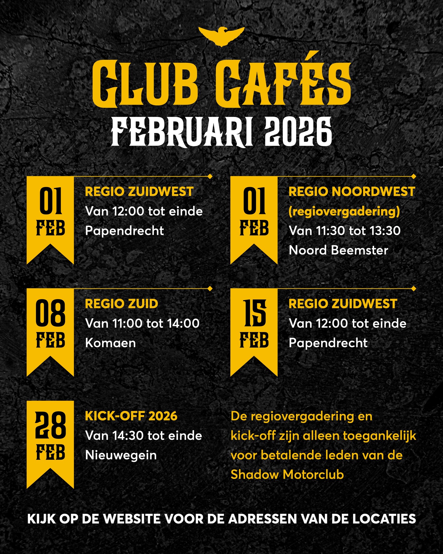 Dit weekend zijn weer de eerste Clubcafe's van februari! Hierbij het overzicht van de maand februari met natuurlijk eind februari de Kick-off van 2026! Heb je je nog niet ingeschreven voor de Kick-off? Doe dat dan via de link die je van je RC in de mail hebt gehad!

Ben je nog geen lid van de Shadow Motorclub maar heb je wel interesse in een lidmaatschap? Ook dan ben je van harte welkom! Stuur ons dan vooral een berichtje. Zo kun je alvast een beetje sfeer proeven en alvast wat mensen leren kennen.

Kijk voor de exacte locaties van het Club Café op de Shadow Kalender (link in bio + even het Club Café zelf aanklikken).

#ShadowMotorclub #Motorrijden #Honda #HondaShadow #HondaVT #HondaVTX #HondaVT600 #HondaVT750 #HondaVT1100 #Chopper #Bobber #Cruiser #ClubCafe #BikerLife #RideToLive #LiveToRide #BikerCafe #NoordOostNederland #ZuidNederland #ZuidWestNederland #NoordWestNederland #StamCafe #ShadowMC #VTwin