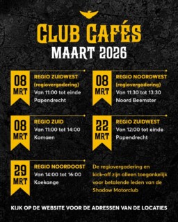 Daar zijn ze dan, de laatste Club Cafés voordat het seizoen begint! Heb je al de kriebels om weer te rijden? Kom vooral op de motor of plan alvast een ritje in voor komend seizoen. Ben je onlangs lid geworden en wil je alvast wat mensen leren kennen? Kom dan vooral langs en dompel je al onder in onze leuke club. Laat het seizoen maar komen! 

Ben je nog geen lid van de Shadow Motorclub maar heb je wel interesse in een lidmaatschap? Ook dan ben je van harte welkom! Stuur ons dan vooral een berichtje. Zo kun je alvast een beetje sfeer proeven en alvast wat mensen leren kennen.

Kijk voor de exacte locaties van het Club Café op de Shadow Kalender (link in bio + even het Club Café zelf aanklikken).

EDIT
Noordwest heeft een regulier clubcafé en GEEN regiovergadering. Dit is een foutje in de afbeelding

#ShadowMotorClub #HondaShadow #ClubCafe #HondaVT #Motorrijden